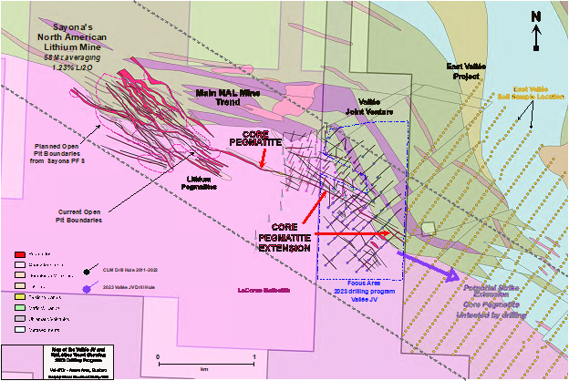 Location of drilling and the Core Pegmatite Trend from the NAL Mine to East Vallée Project.